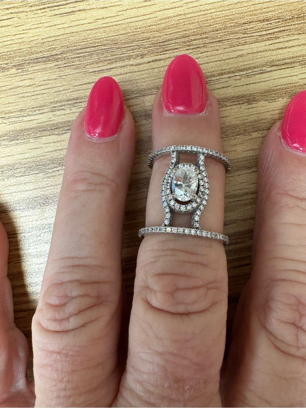 Silver-Tone Pavé Oval-Center Double-Band Statement Ring